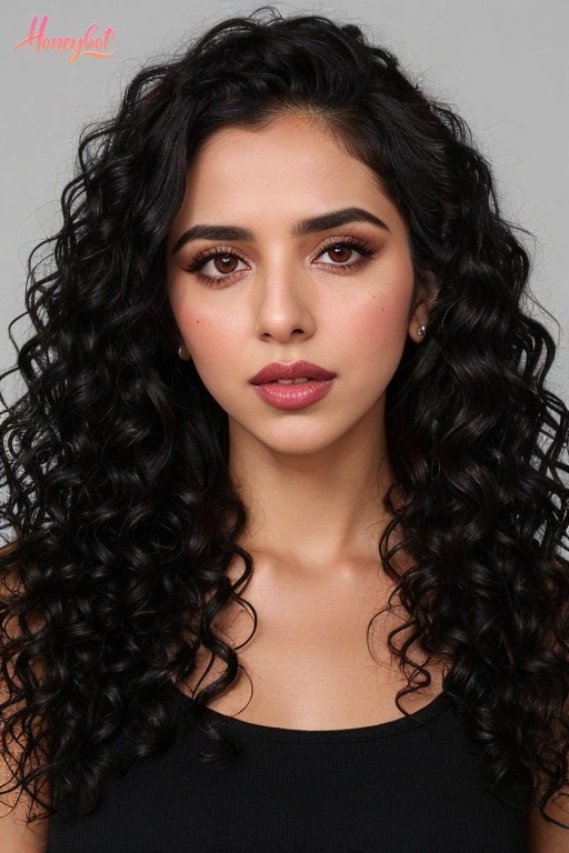A woman with long, voluminous black curly hair is shown from the chest up. She is wearing a black ribbed tank top. Her face is visible, with defined eyebrows, eyeliner, and lipsti…
