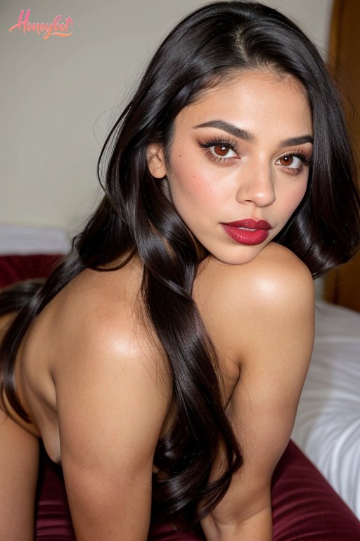 A woman with long black hair, brown eyes, and red lipstick is topless, sitting on a bed. Her shoulders and upper back are visible. She is wearing maroon-colored bottoms. Her face …