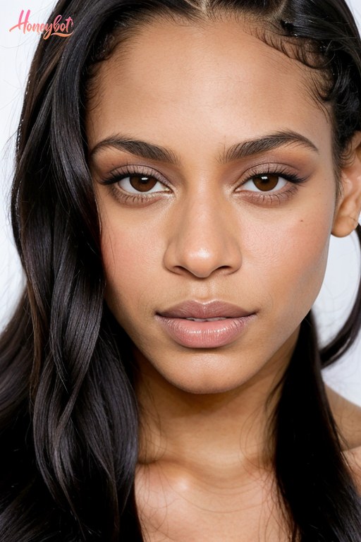 A woman with long, dark, wavy hair is shown from the shoulders up. Her face is fully visible, with brown eyes, defined eyebrows, and neutral lips. She is not wearing any clothing …