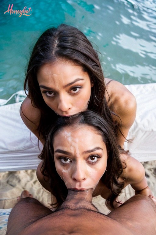 Two women are positioned with one on top of the other, both with dark hair and wet skin. The top woman is leaning forward with her mouth near the neck of the bottom woman, who is …