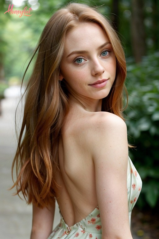 A young woman with long, wavy brown hair and blue eyes is shown from a three-quarter rear view. She is wearing a light-colored floral dress with a low back, exposing her shoulders…