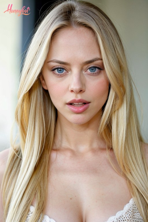 A woman with long blonde hair and blue eyes is shown from the chest up. She is wearing a white lace top. Her face is visible, and she is looking directly at the camera with her li…