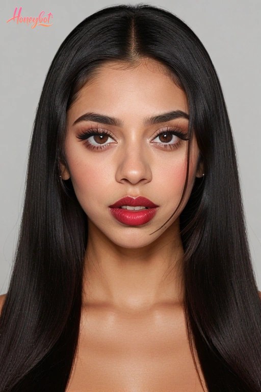 A woman with long black hair, brown eyes, and red lipstick is shown from the shoulders up. She is wearing no visible clothing or accessories. Her face is fully visible, and she is…