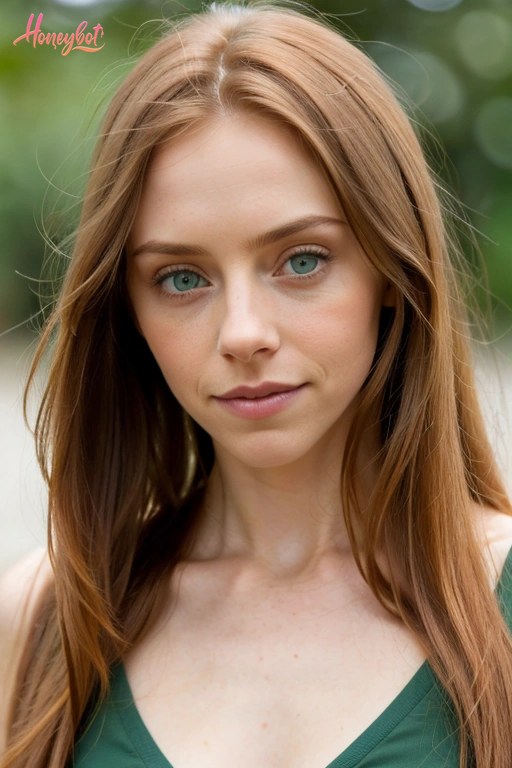 A woman with long, straight, reddish-brown hair and green eyes is shown from the chest up. She is wearing a green top with thin straps. Her face is visible, and she is looking dir…