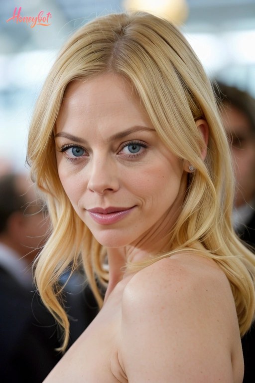 A blonde woman with blue eyes and wavy hair is shown from the shoulders up. She is wearing a strapless top, revealing her shoulders and collarbone. Her face is turned slightly tow…