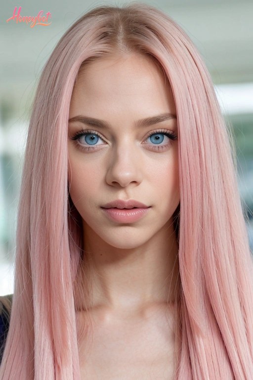 A woman with long, straight pink hair and blue eyes is shown from the shoulders up. Her face is visible, with her lips slightly parted and she is looking directly at the camera. H…