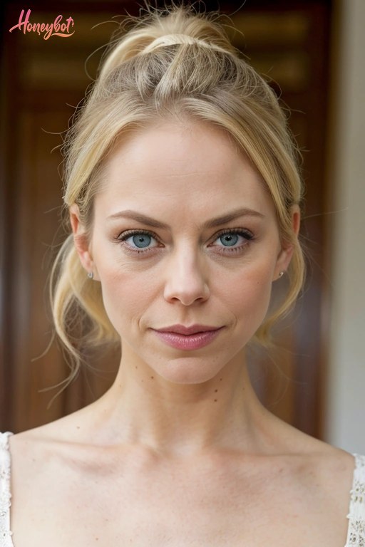 A woman with blonde hair styled in a messy updo, blue eyes, and small earrings is shown from the shoulders up. She is wearing a white top with lace detailing on the straps. Her fa…